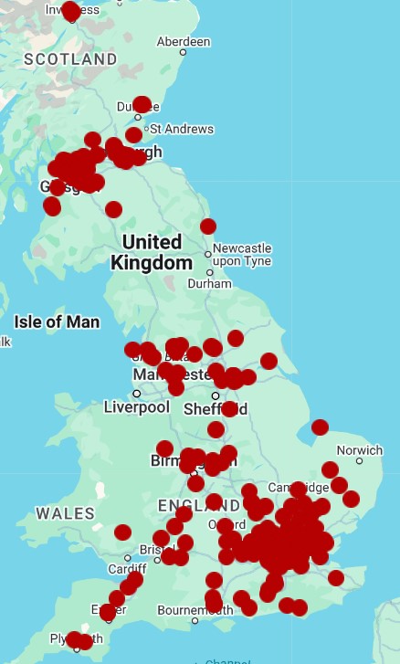 A map showing all the UK Keller Williams agents.